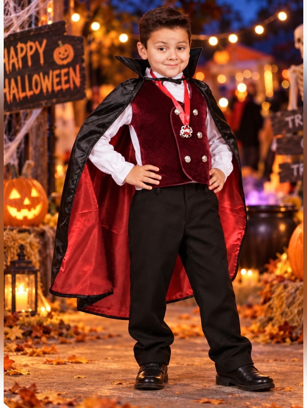 Kids Vampire Dracula Halloween Costume Size M Cape Vest Shirt Comdo, Necklace